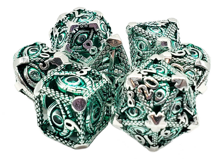 Old School 7 Piece DnD RPG Metal Dice Set: Hollow All Seeing Eye Dice - Silver w/ Green | Deep Dive Games St. Marys