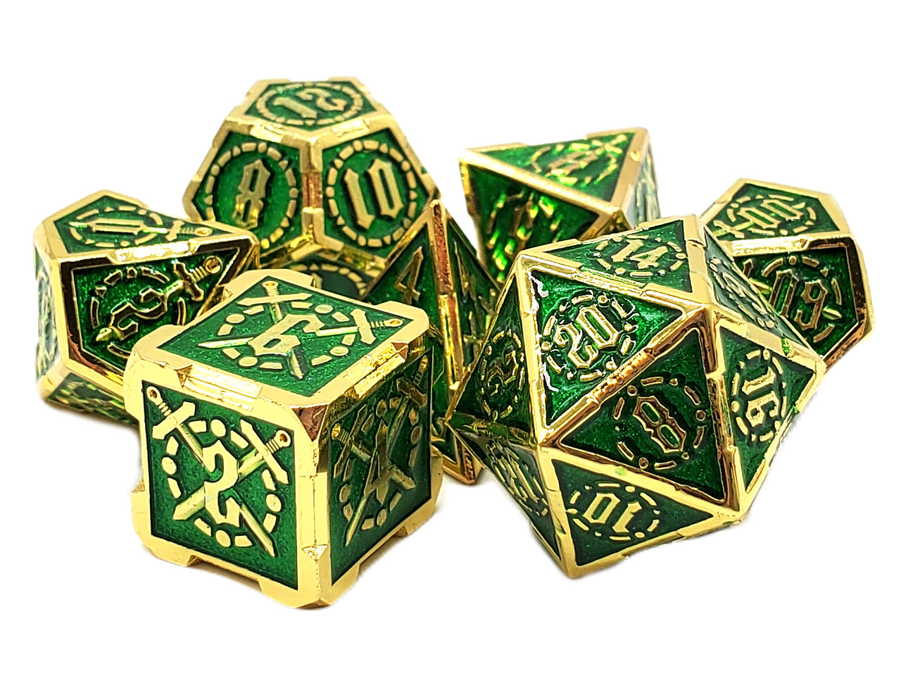 Old School 7 Piece DnD RPG Metal Dice Set: Knights of the Round Table - Green w/ Gold | Deep Dive Games St. Marys