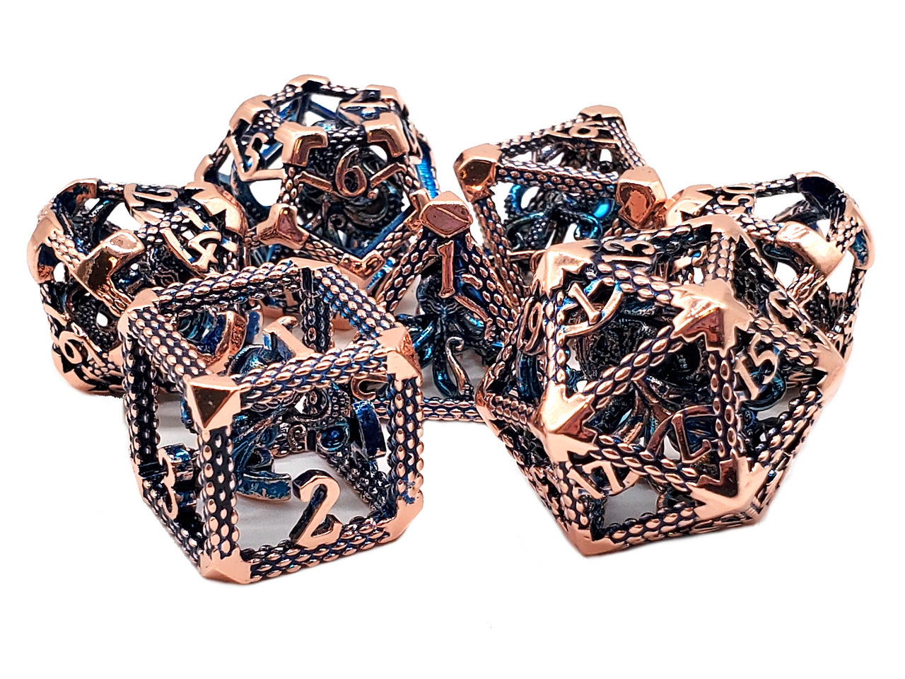 Old School 7 Piece DnD RPG Hollow Metal Dice Set: The Kraken - Copper w/ Blue | Deep Dive Games St. Marys