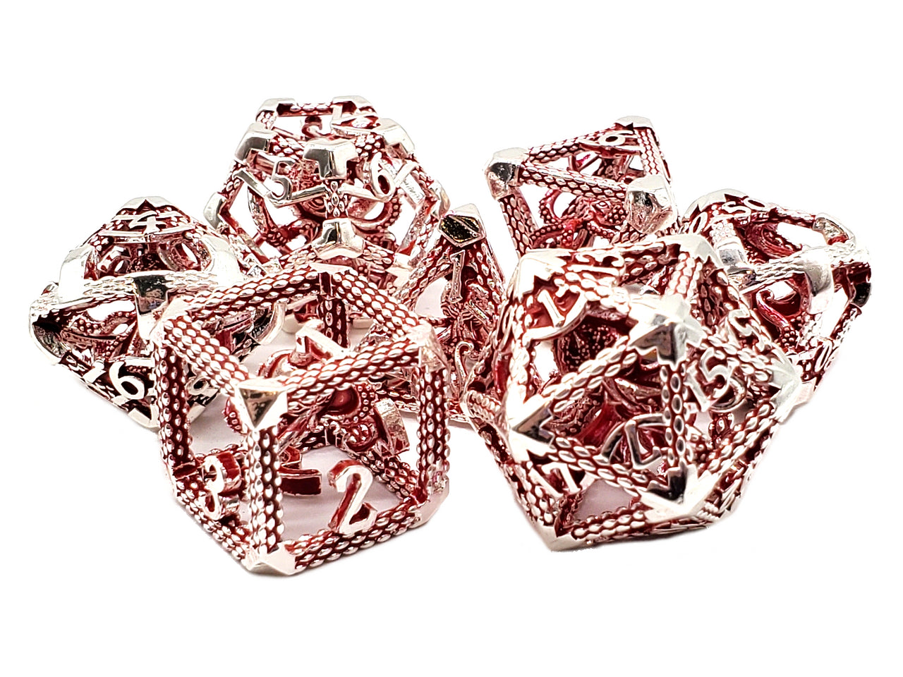 Old School 7 Piece DnD RPG Hollow Metal Dice Set: The Kraken - Silver w/ Red | Deep Dive Games St. Marys