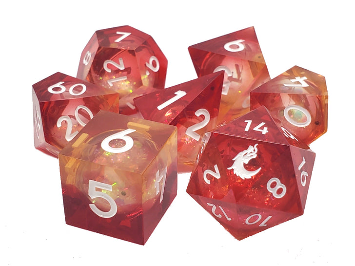 Old School 7-Piece Sharp Edged Dice Set: Liquid Infused - Sunrise Fury | Deep Dive Games St. Marys