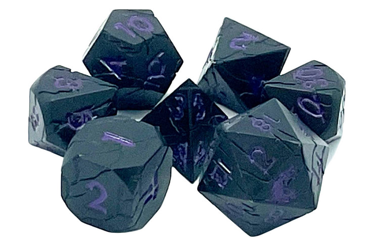 Old School 7 Piece DnD RPG Metal Dice Set: Orc Forged - Matte Black w/ Purple | Deep Dive Games St. Marys