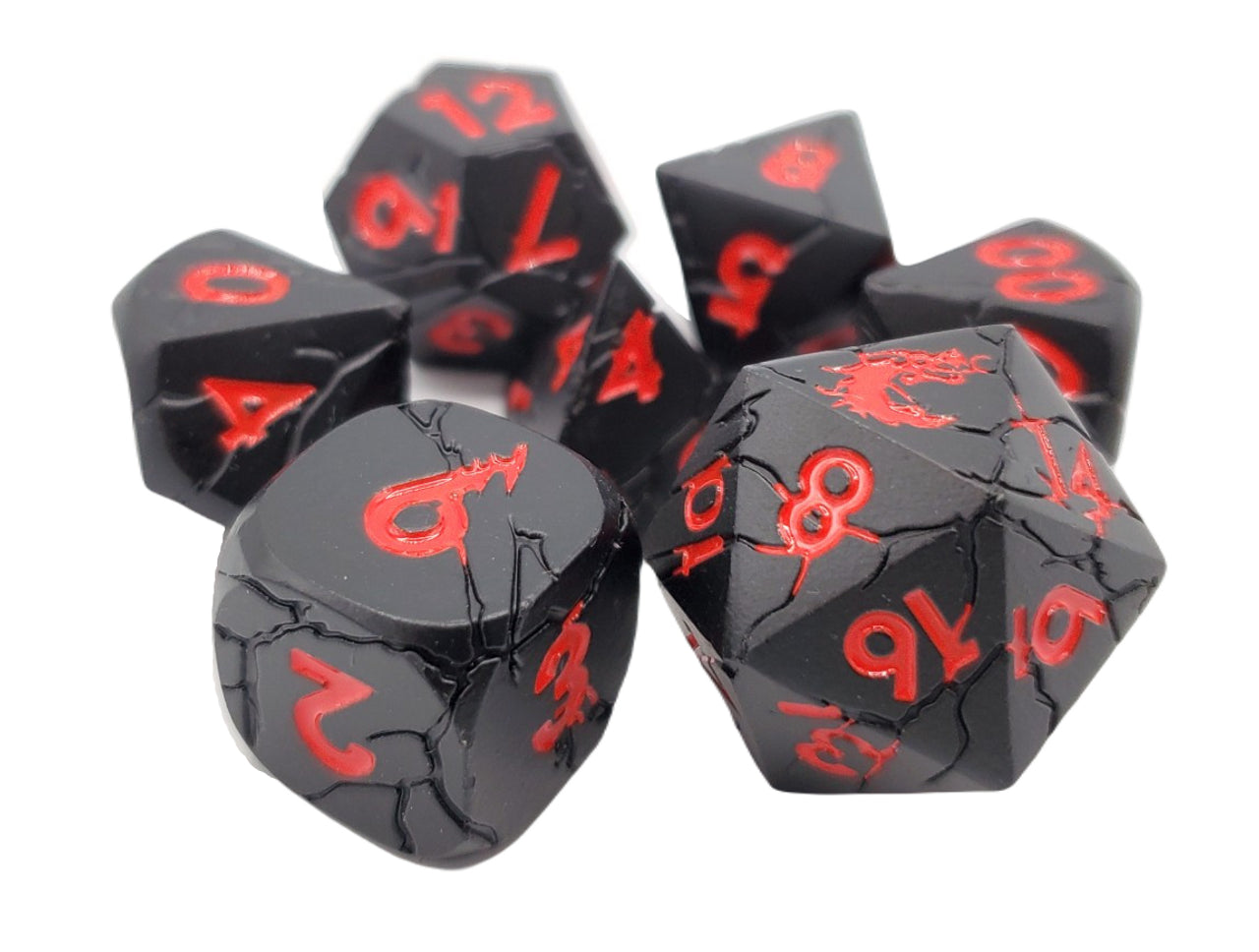 Old School 7 Piece DnD RPG Metal Dice Set: Orc Forged - Matte Black w/ Red | Deep Dive Games St. Marys
