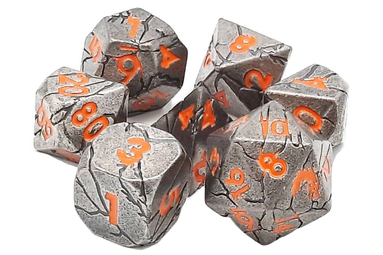 Old School 7 Piece DnD RPG Metal Dice Set: Orc Forged - Ancient Silver w/ Orange | Deep Dive Games St. Marys