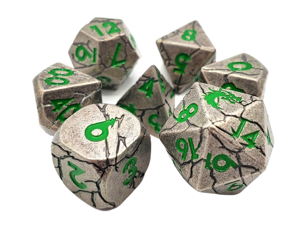 Old School 7 Piece DnD RPG Metal Dice Set: Orc Forged - Ancient Silver w/ Green | Deep Dive Games St. Marys