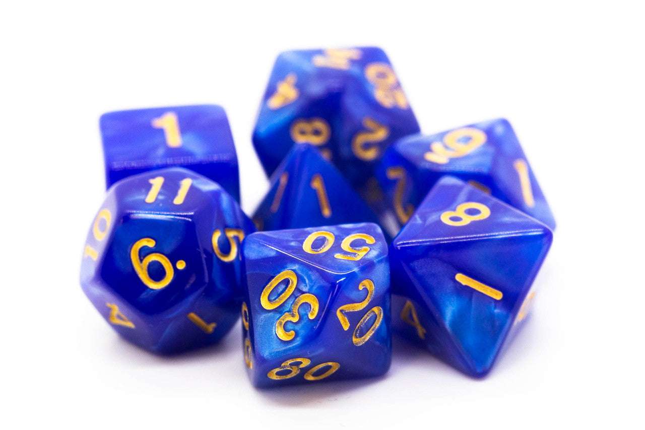 Old School 7 Piece DnD RPG Dice Set: Pearl Drop - Blue w/ Gold | Deep Dive Games St. Marys