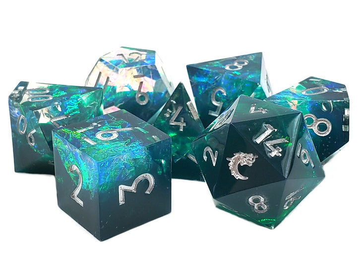 Old School 7 Piece DnD RPG Dice Set: Sharp Edged - Emerald Forest | Deep Dive Games St. Marys