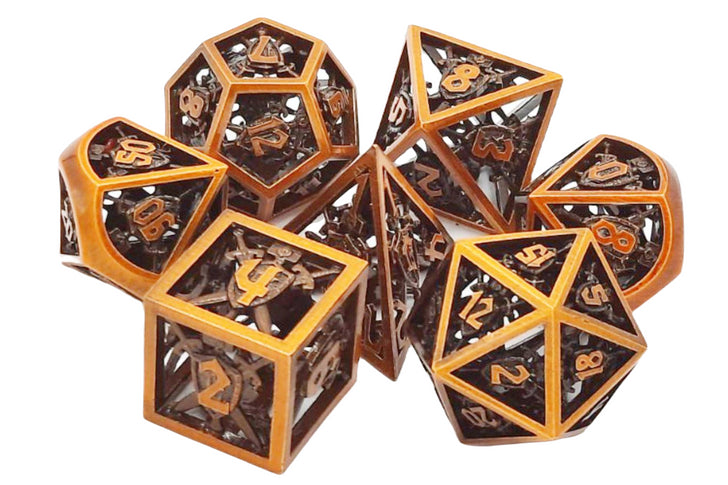 Old School 7 Piece DnD RPG Metal Dice Set: Hollow Sword & Shield Dice - Brushed Brass | Deep Dive Games St. Marys