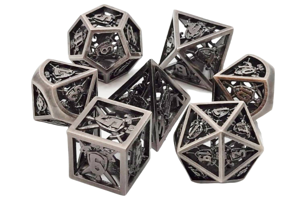 Old School 7 Piece DnD RPG Metal Dice Set: Hollow Sword & Shield Dice - Brushed Silver | Deep Dive Games St. Marys