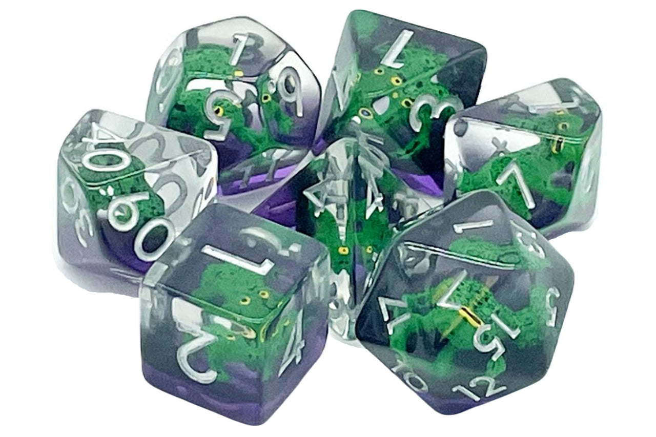 Old School 7 Piece DnD RPG Dice Set: Animal Kingdom - Toad - Green w/ Purple | Deep Dive Games St. Marys