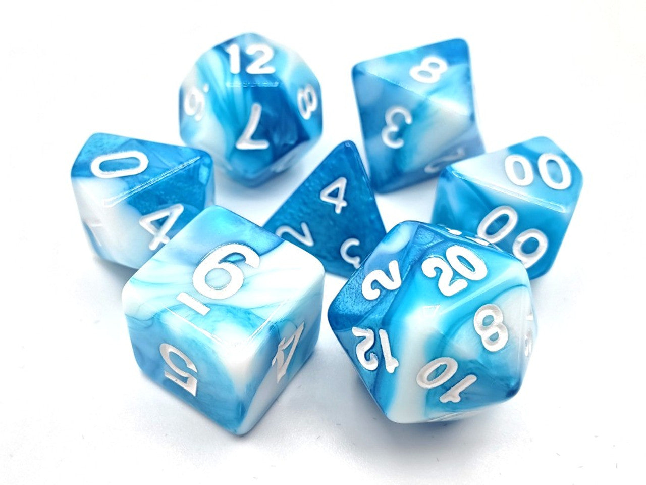 Old School 7 Piece DnD RPG Dice Set: Vorpal - Baby Blue & White w/ White | Deep Dive Games St. Marys