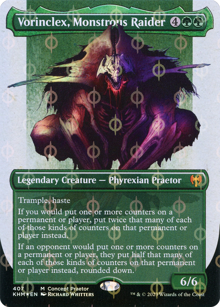 Vorinclex, Monstrous Raider (Borderless Concept Praetors Step-and-Compleat Foil) [Phyrexia: All Will Be One] | Deep Dive Games St. Marys