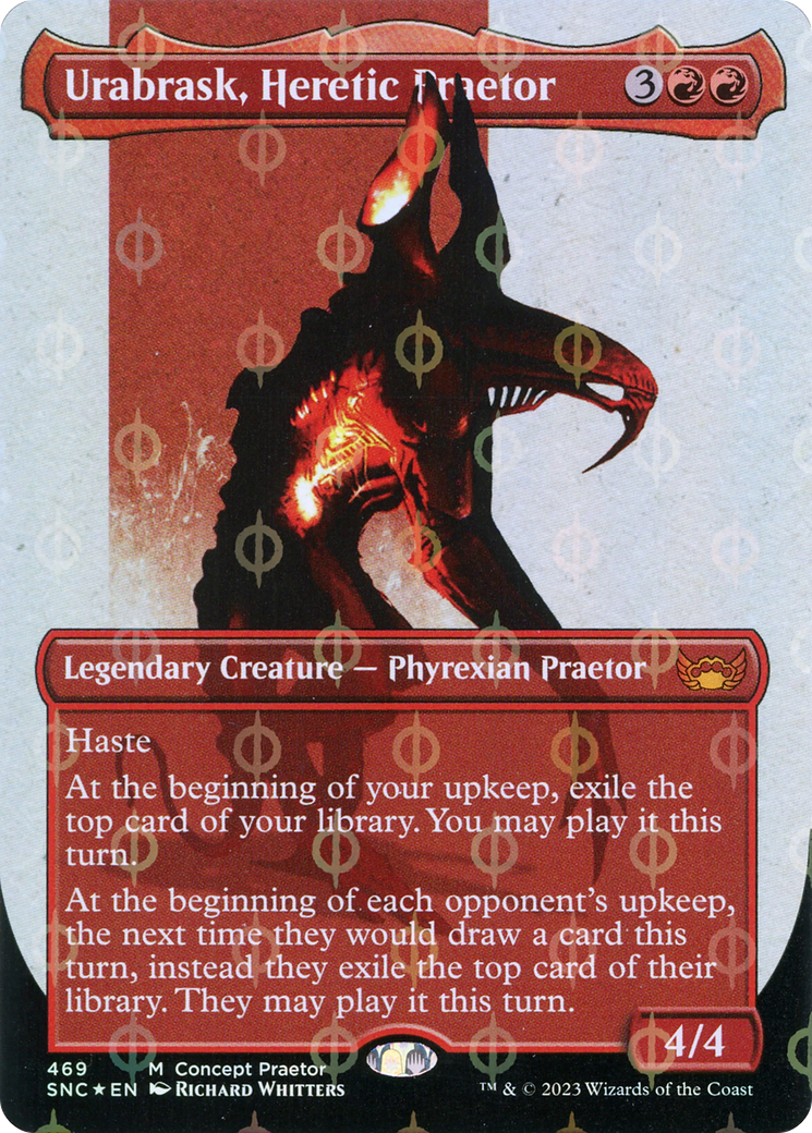 Urabrask, Heretic Praetor (Borderless Concept Praetors Step-and-Compleat Foil) [Phyrexia: All Will Be One] | Deep Dive Games St. Marys