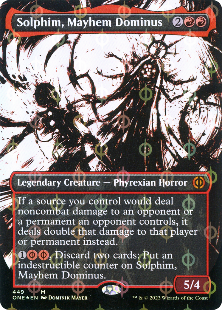 Solphim, Mayhem Dominus (Borderless Ichor Step-and-Compleat Foil) [Phyrexia: All Will Be One] | Deep Dive Games St. Marys