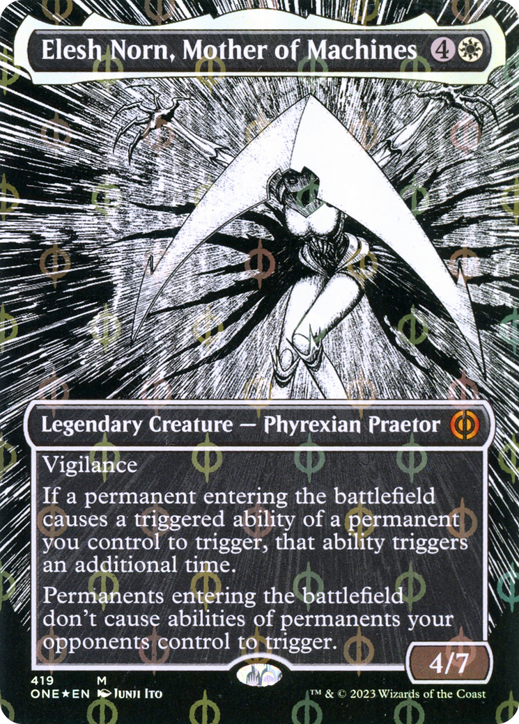 Elesh Norn, Mother of Machines (Borderless Manga Step-and-Compleat Foil) [Phyrexia: All Will Be One] | Deep Dive Games St. Marys