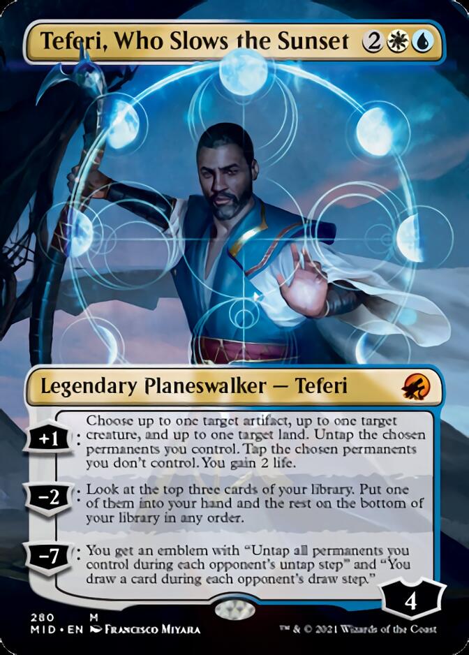 Teferi, Who Slows the Sunset (Borderless) [Innistrad: Midnight Hunt] | Deep Dive Games St. Marys