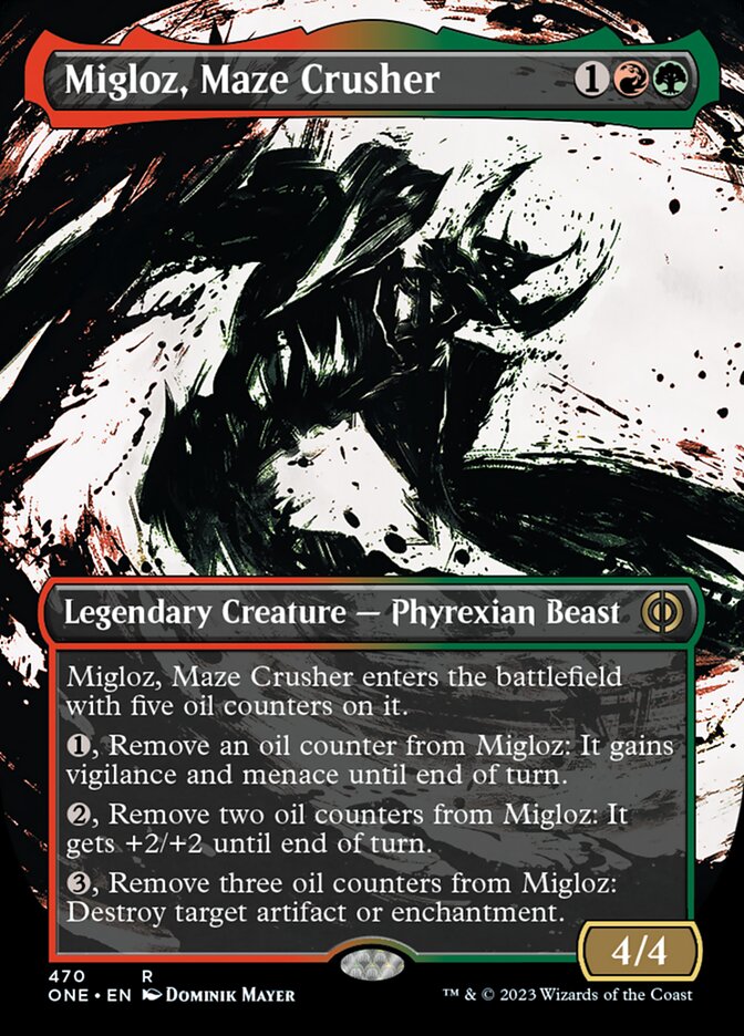 Migloz, Maze Crusher (Borderless Ichor Step-and-Compleat Foil) [Phyrexia: All Will Be One] | Deep Dive Games St. Marys