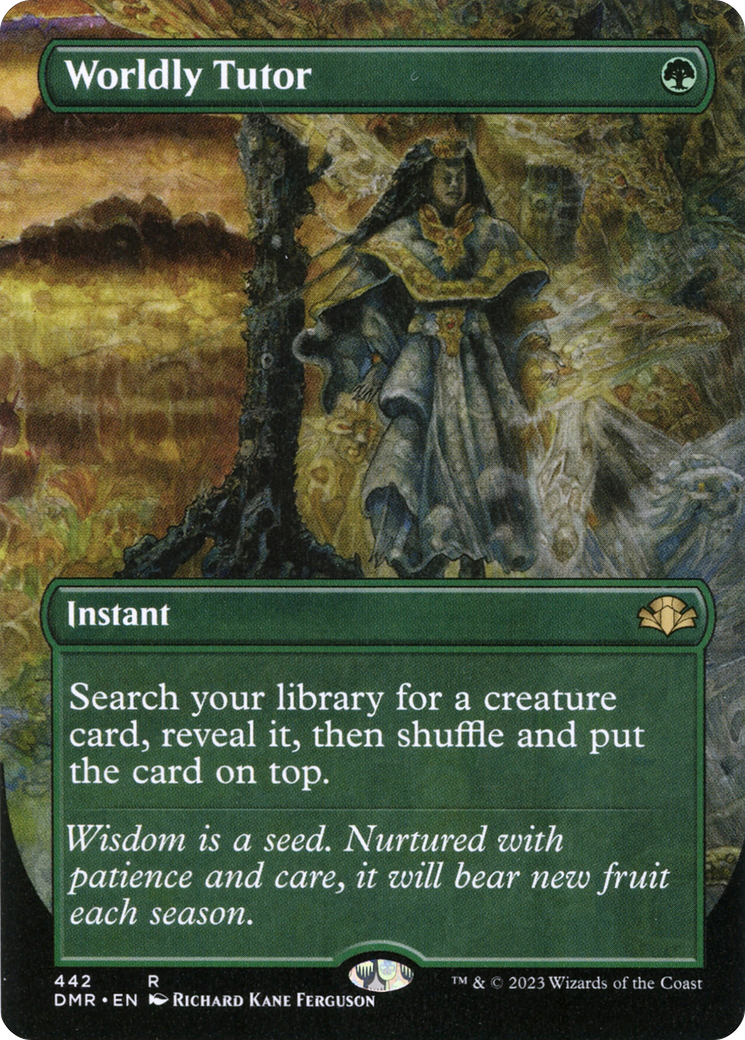 Worldly Tutor (Borderless Alternate Art) [Dominaria Remastered] | Deep Dive Games St. Marys